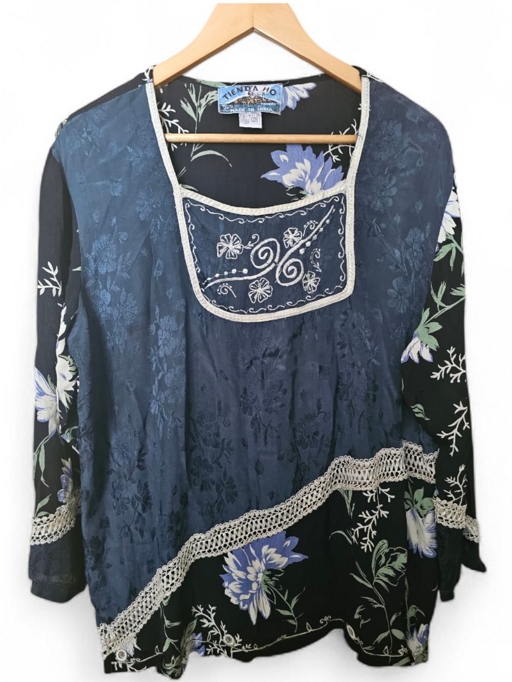 TIENDA HO Beautiful Boho Mixed Media Embroidered Semi Sheer Blouse - Free Size